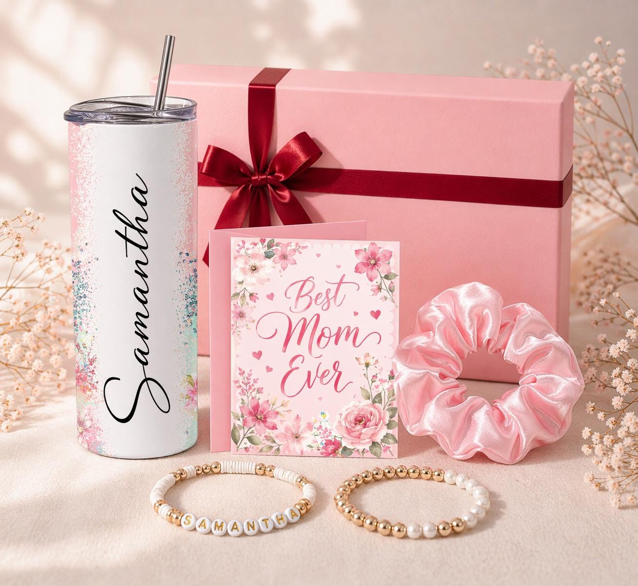Personalized Mom Gift Box | Custom Mama Sweatshirt, Name Tumbler, Bracelet Set | Mother’s Day Gift for Mom | Custom Gift Set for Her