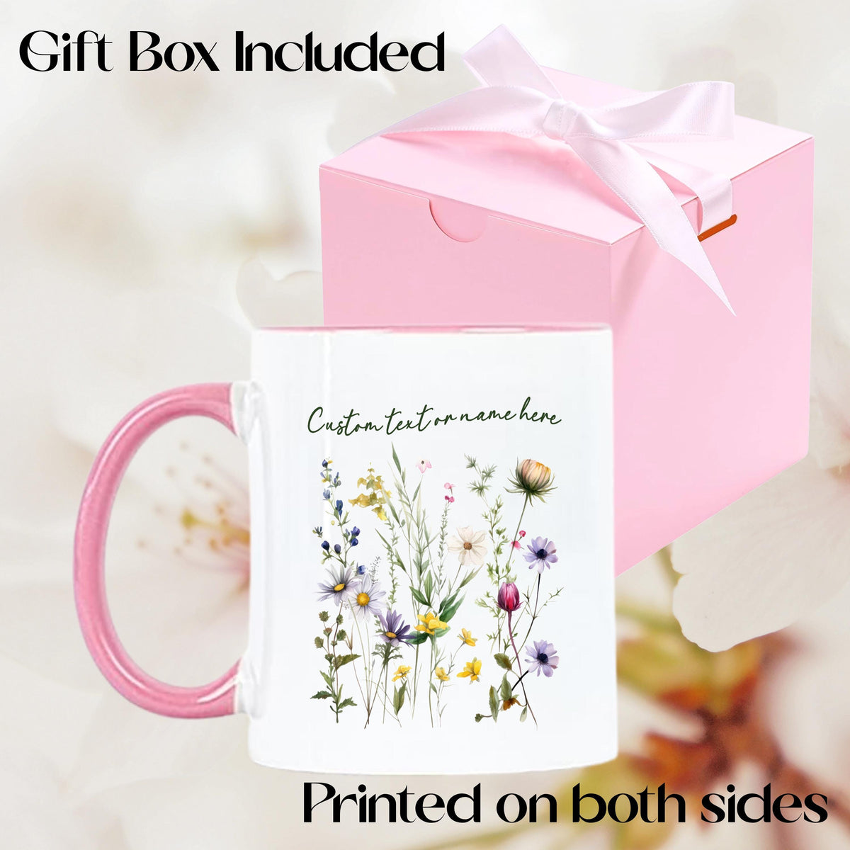 Personalized Floral Mug, Pink Handle Coffee Cup, Custom Name Gift