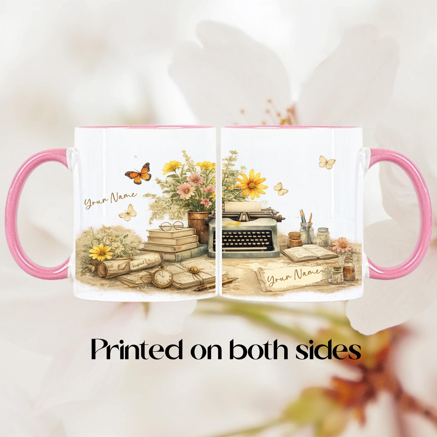 Personalized Typewriter Floral Mug, Custom Name Coffee Cup, Pink Handle (11oz)