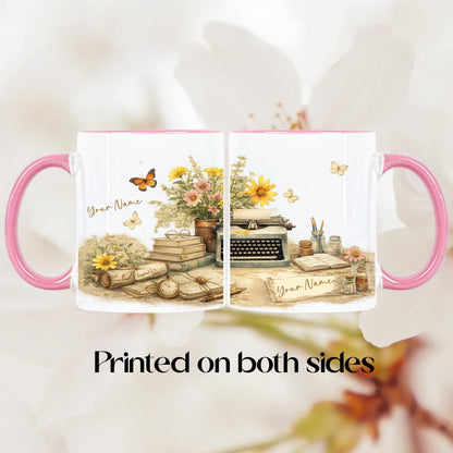 Personalized Typewriter Floral Mug, Custom Name Coffee Cup, Pink Handle (11oz)