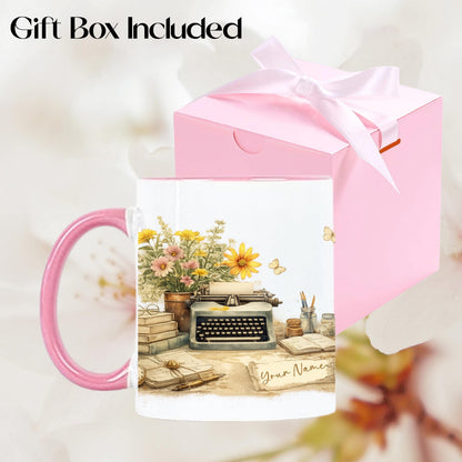 Personalized Typewriter Floral Mug, Custom Name Coffee Cup, Pink Handle (11oz)