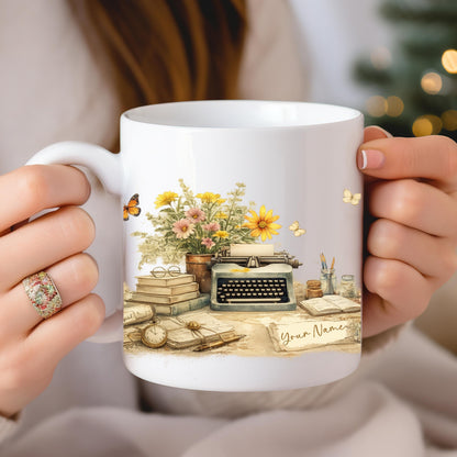Personalized Typewriter Floral Mug, Custom Name Coffee Cup, Pink Handle (11oz)