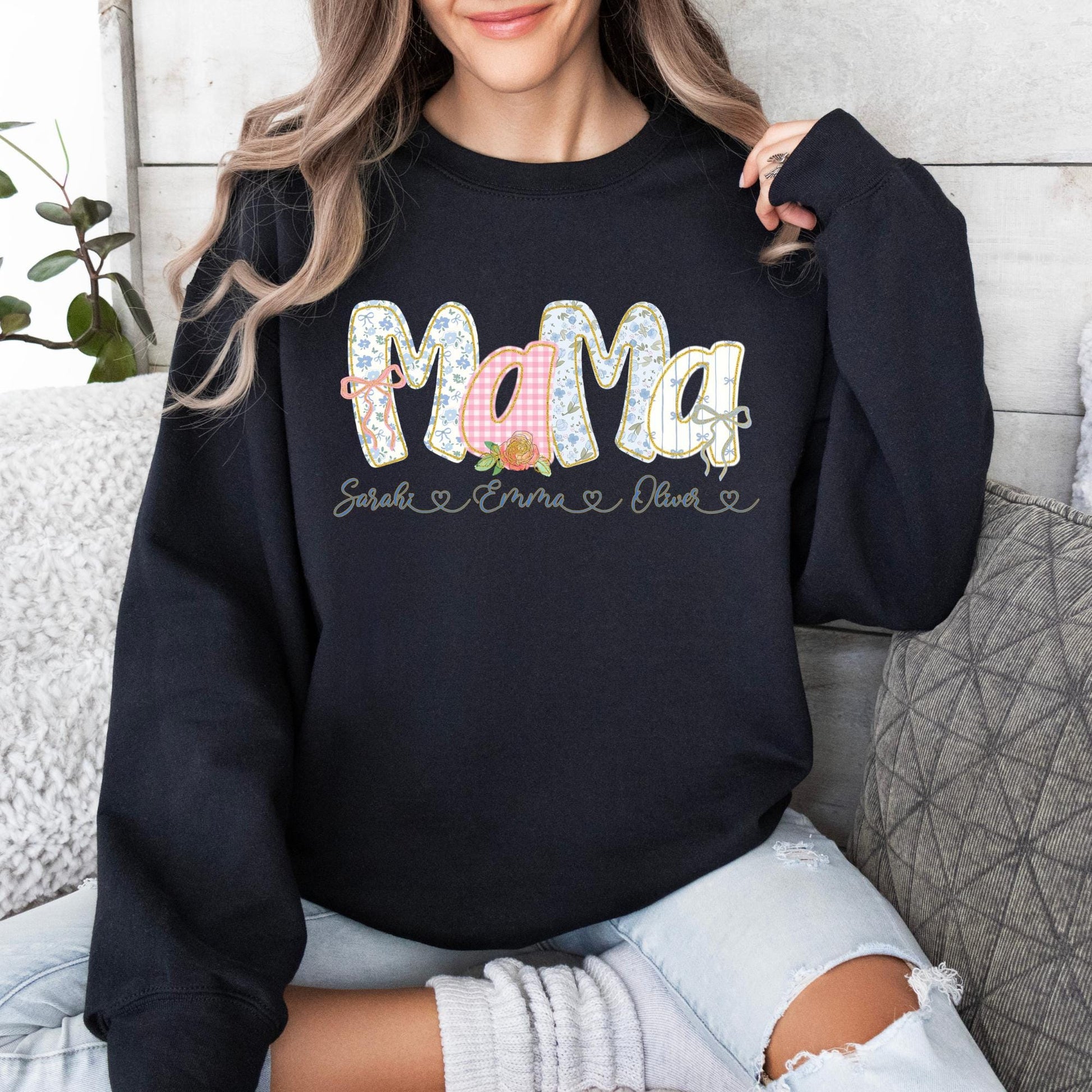 Coquette Mama Sweatshirt Personalized, Floral Patchwork Mom Shirt, Custom Kids Names Sweatshirt, Mother’s Day Gift, Pink Mama Crewneck