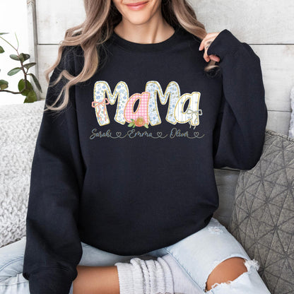 Coquette Mama Sweatshirt Personalized, Floral Patchwork Mom Shirt, Custom Kids Names Sweatshirt, Mother’s Day Gift, Pink Mama Crewneck