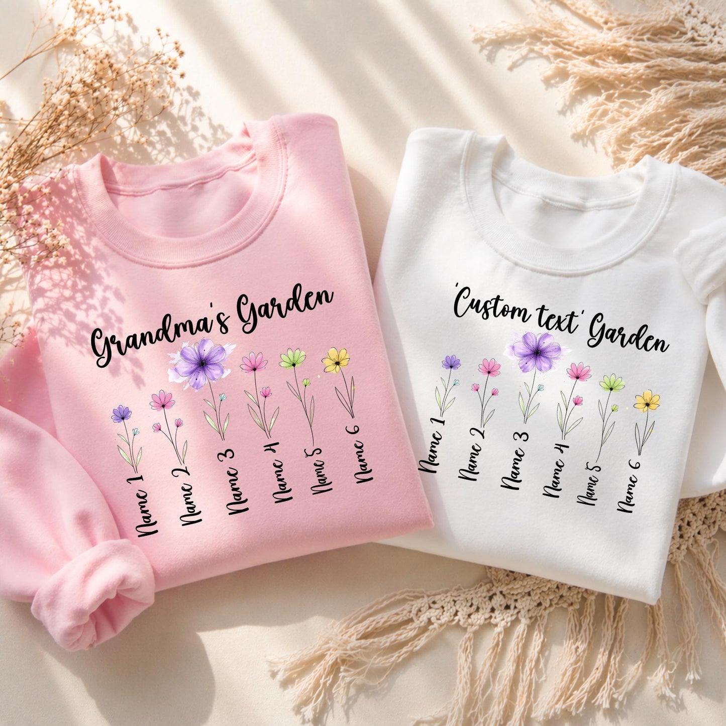 Personalized sweatshirt with custom text and floral garden design featuring up to six names under flowers, soft aesthetic mom gift