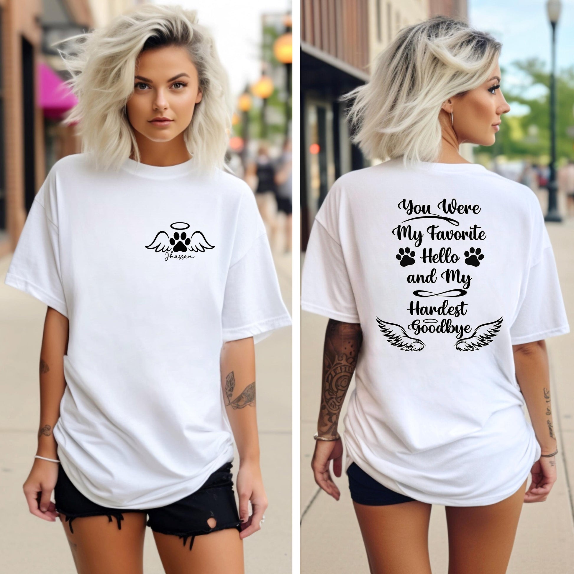 Woman wearing personalized pet memorial shirt honoring a beloved dog with custom name on front and quote on back