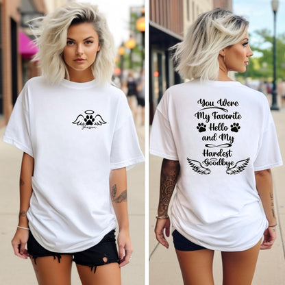 Woman wearing personalized pet memorial shirt honoring a beloved dog with custom name on front and quote on back