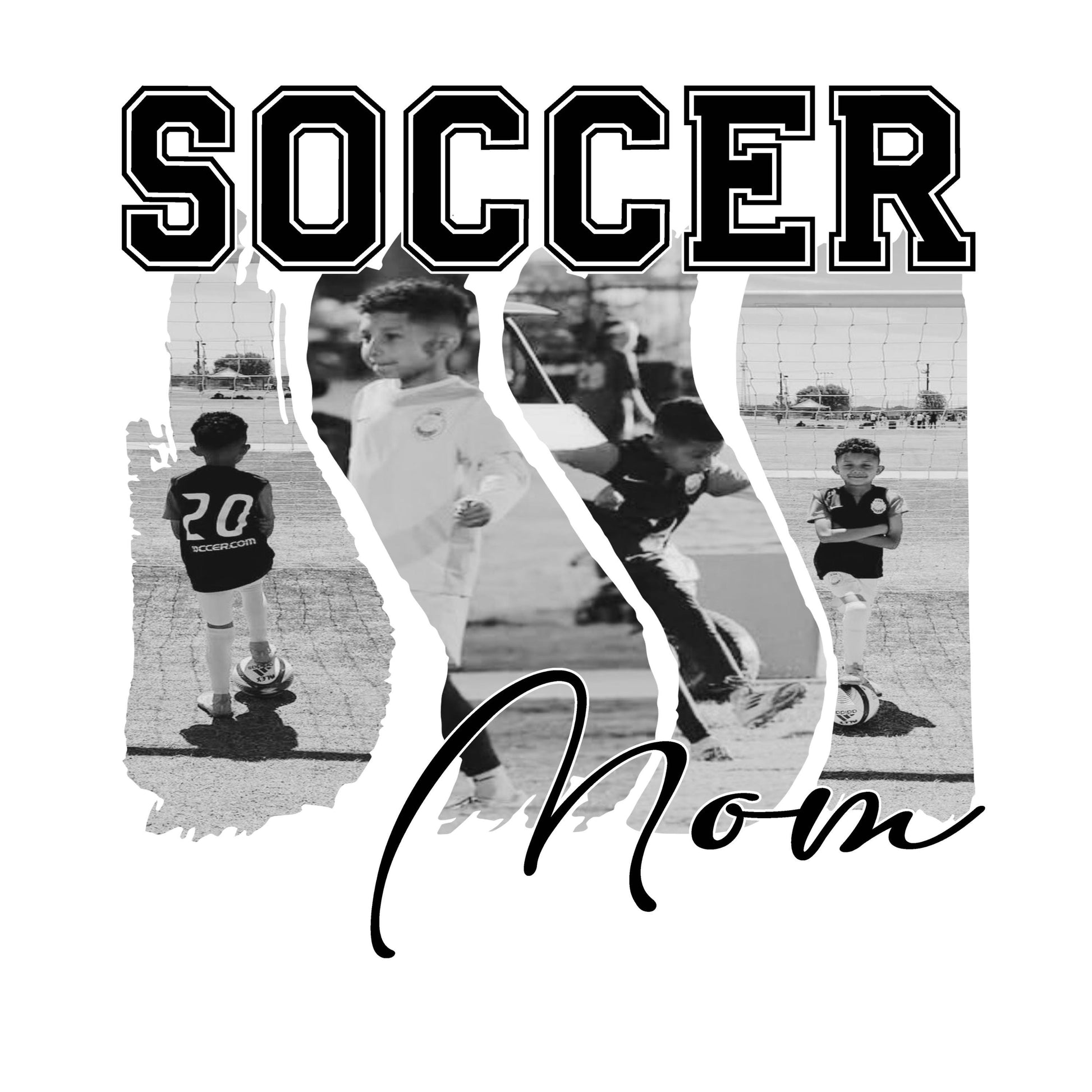 Black and white custom soccer mom PNG design featuring photo collage cutout with personalized images and bold “Soccer Mom” text