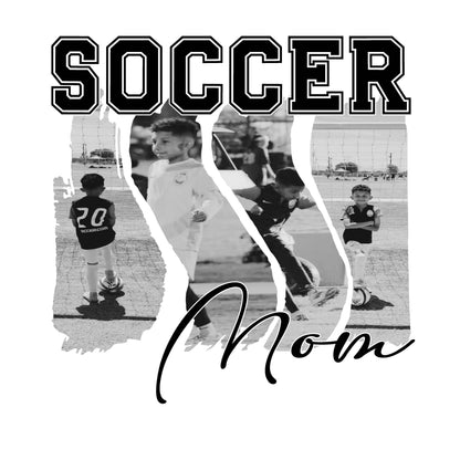 Black and white custom soccer mom PNG design featuring photo collage cutout with personalized images and bold “Soccer Mom” text