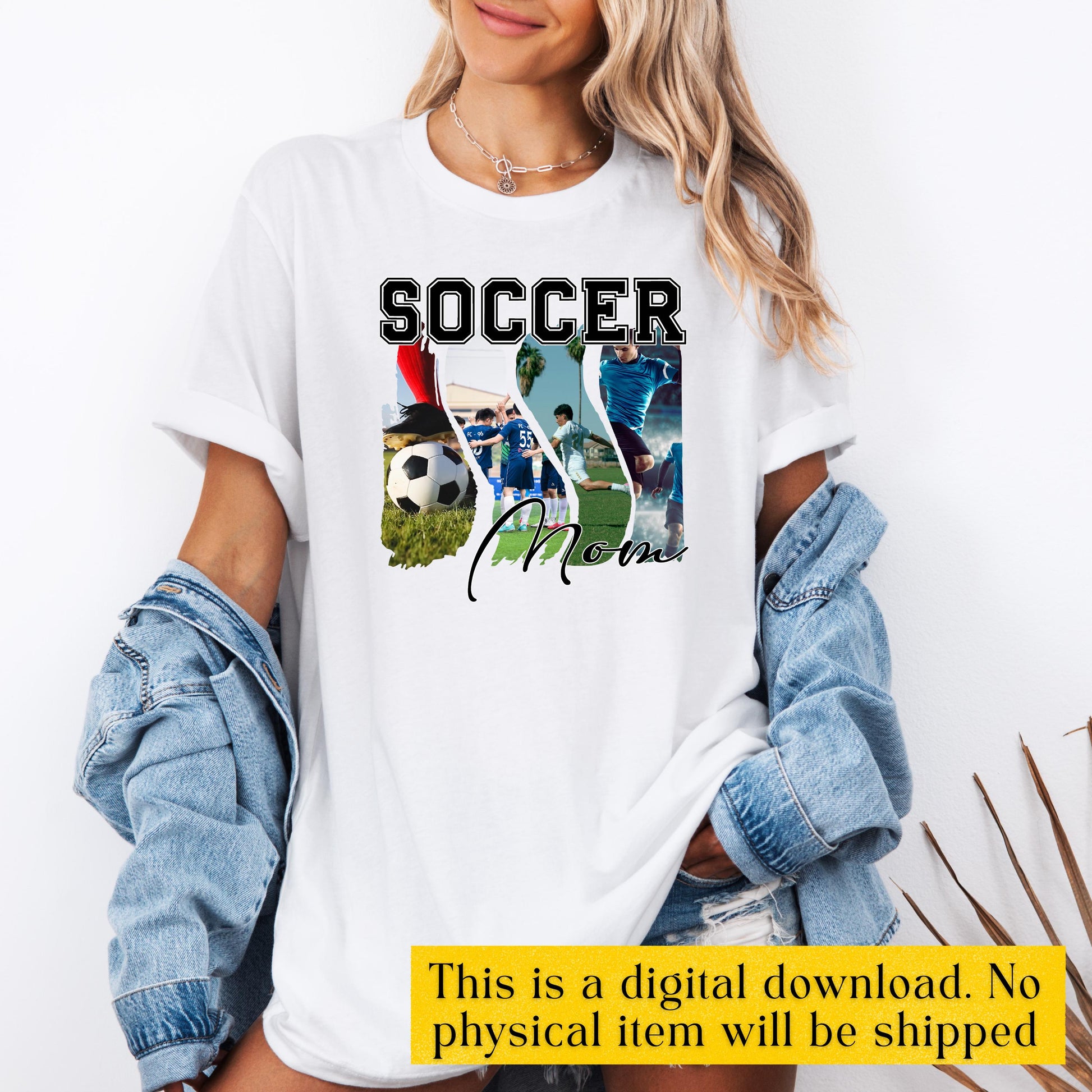 White t-shirt mockup showing custom soccer mom photo collage design, personalized sports mom gift digital download
