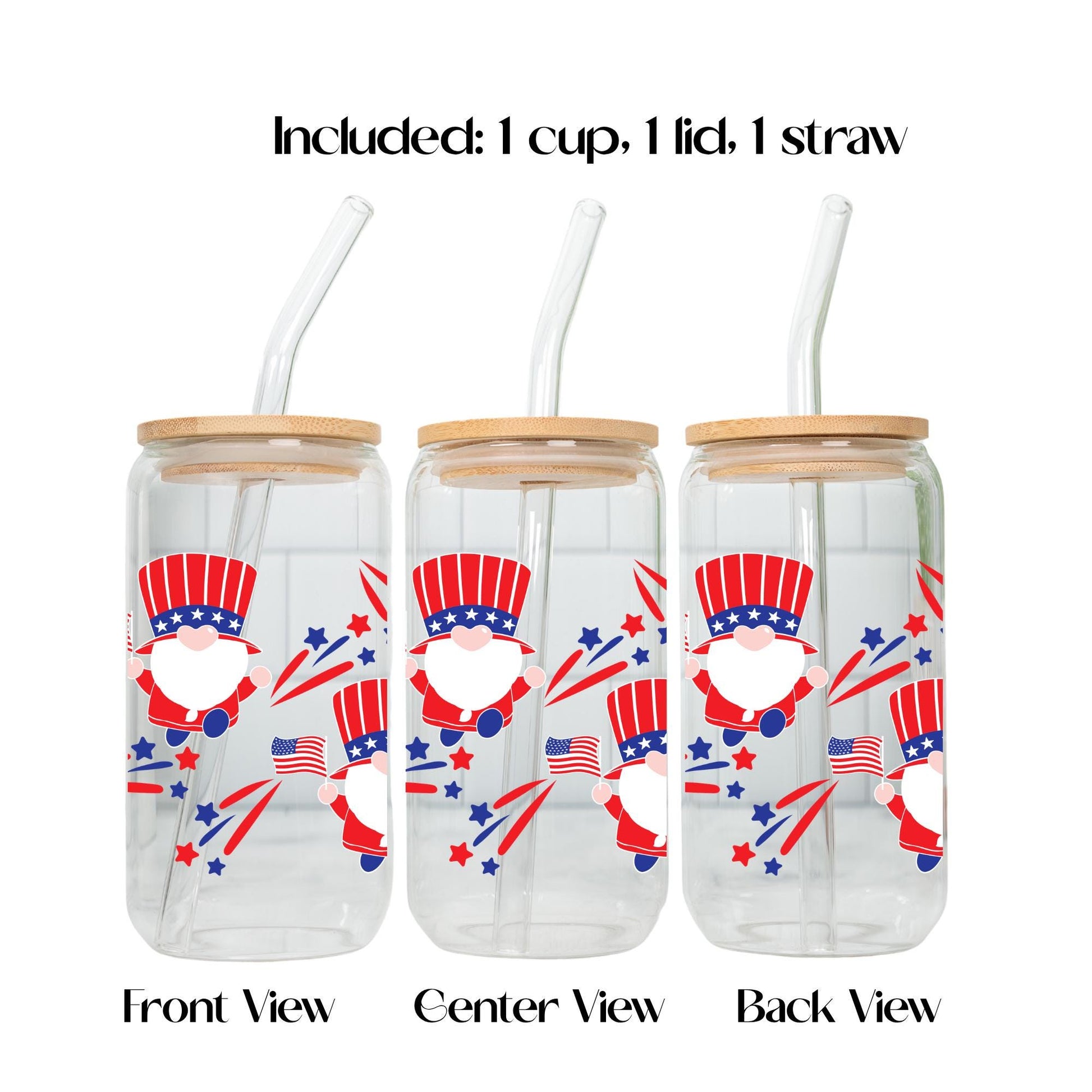 4th of July Glass Cup 20oz with Lid and Straw, Patriotic Iced Coffee Cup, Fireworks USA Tumbler, Cute Independence Day Drinkware