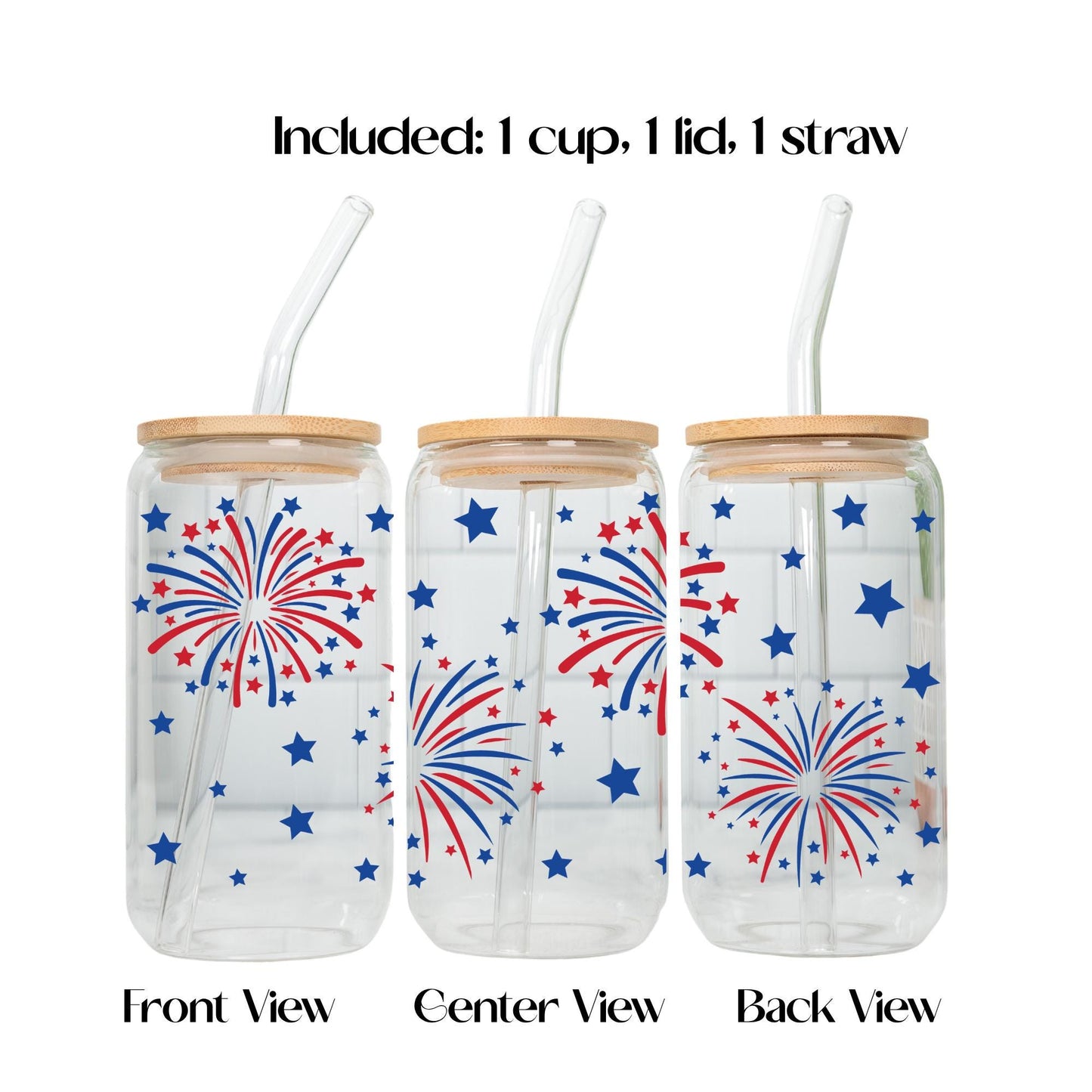 4th of July Glass Cup 20oz with Lid and Straw, Patriotic Iced Coffee Cup, Fireworks USA Tumbler, Cute Independence Day Drinkware