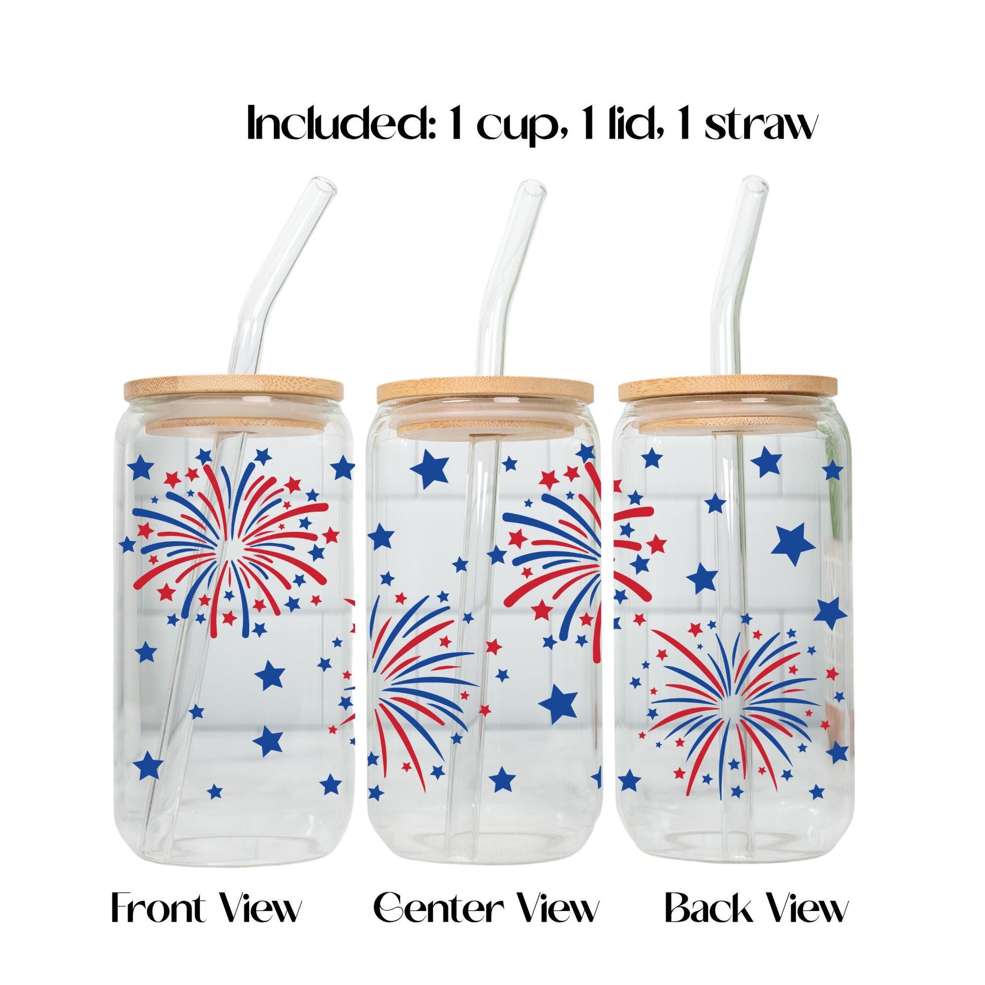 4th of July Glass Cup 20oz with Lid and Straw, Patriotic Iced Coffee Cup, Fireworks USA Tumbler, Cute Independence Day Drinkware