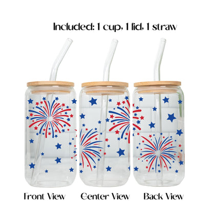4th of July Glass Cup 20oz with Lid and Straw, Patriotic Iced Coffee Cup, Fireworks USA Tumbler, Cute Independence Day Drinkware