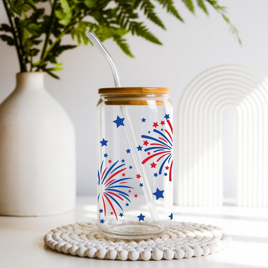 4th of July Glass Cup 20oz with Lid and Straw, Patriotic Iced Coffee Cup, Fireworks USA Tumbler, Cute Independence Day Drinkware