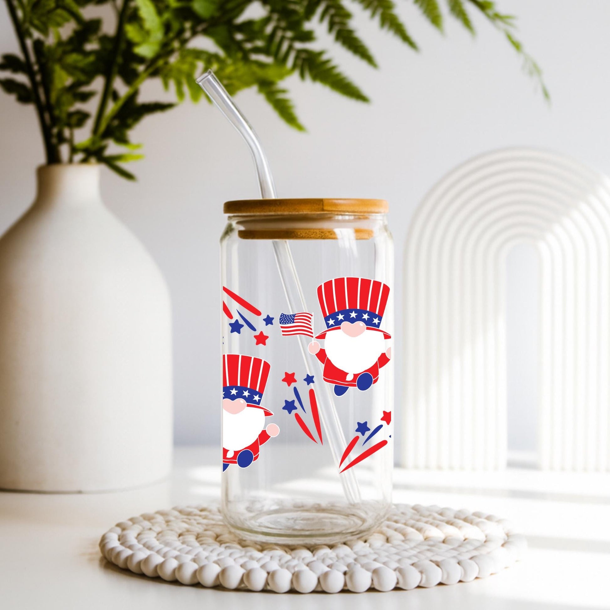 4th of July Glass Cup 20oz with Lid and Straw, Patriotic Iced Coffee Cup, Fireworks USA Tumbler, Cute Independence Day Drinkware