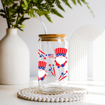 4th of July Glass Cup 20oz with Lid and Straw, Patriotic Iced Coffee Cup, Fireworks USA Tumbler, Cute Independence Day Drinkware