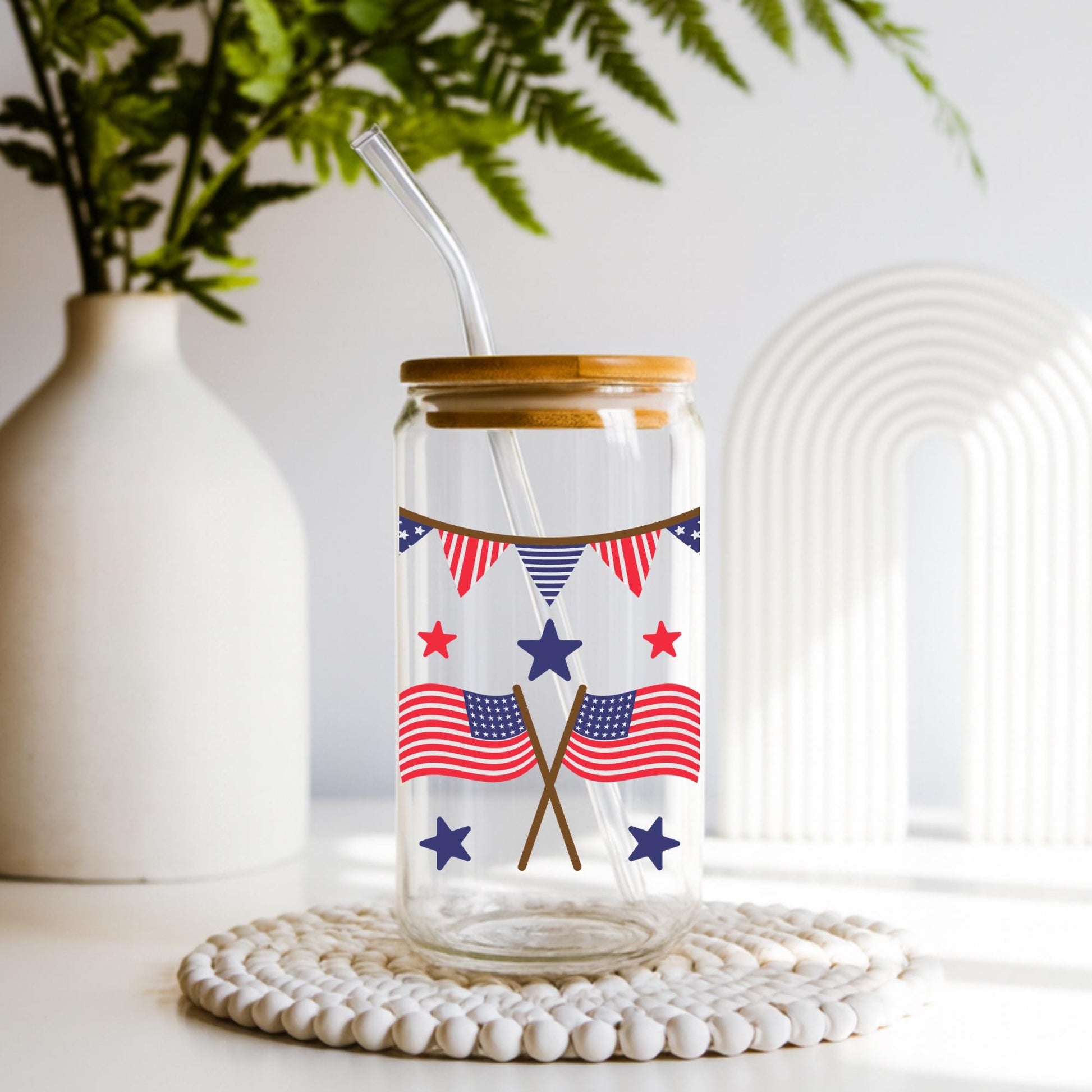 4th of July Glass Cup 20oz with Lid and Straw, Patriotic Iced Coffee Cup, Fireworks USA Tumbler, Cute Independence Day Drinkware
