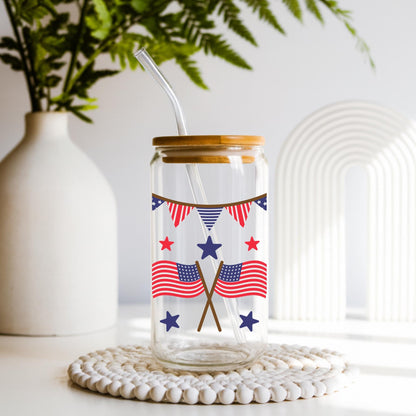 4th of July Glass Cup 20oz with Lid and Straw, Patriotic Iced Coffee Cup, Fireworks USA Tumbler, Cute Independence Day Drinkware