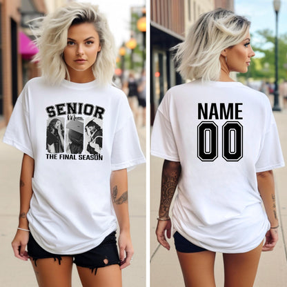 Custom Senior Mom T-shirt with photo collage on front and personalized name and number on back, white Bella Canvas 3001 unisex shirt for graduation