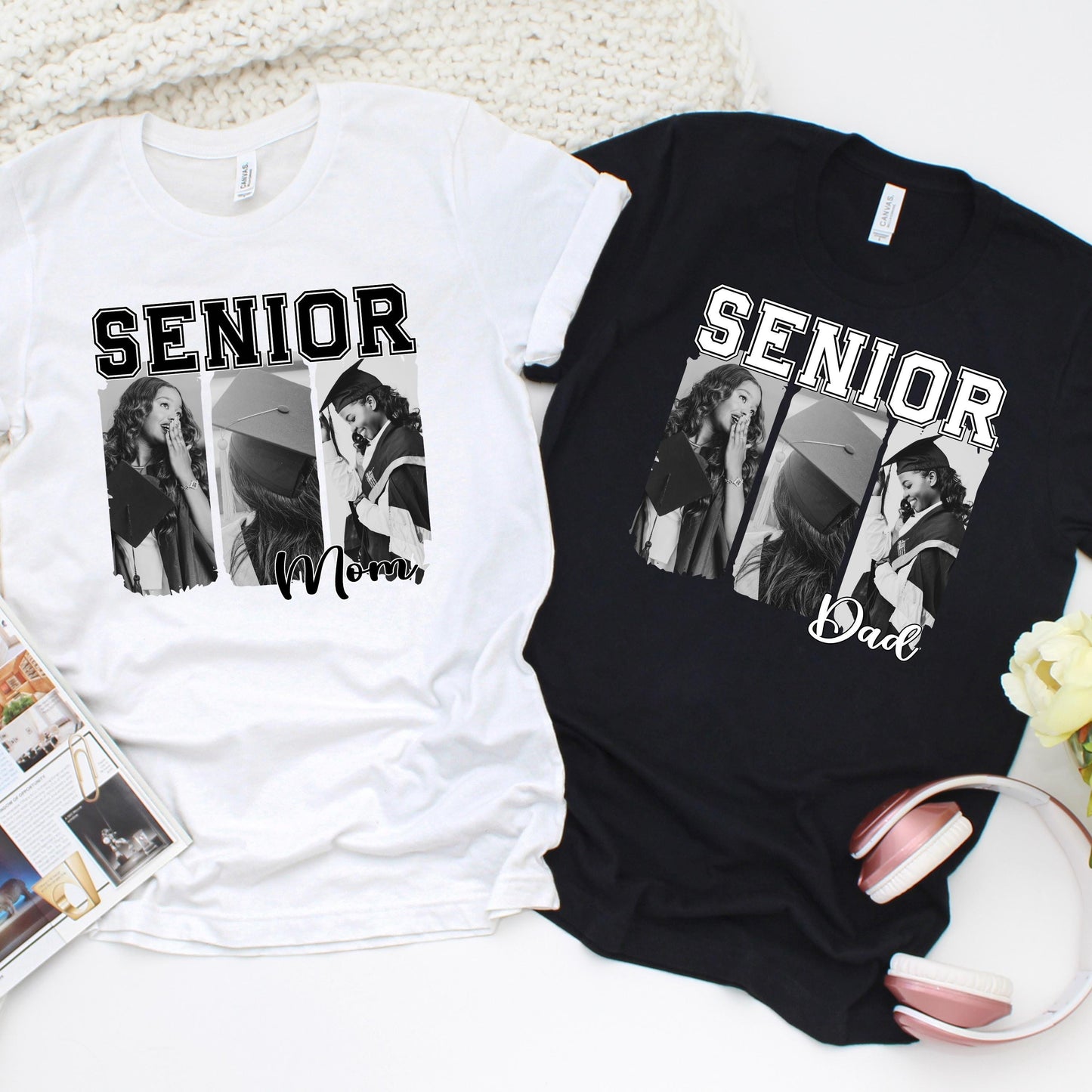 Custom senior shirt with three black and white photos collage and personalized title like Mom Dad or Grandma, Bella Canvas unisex graduation t-shirt