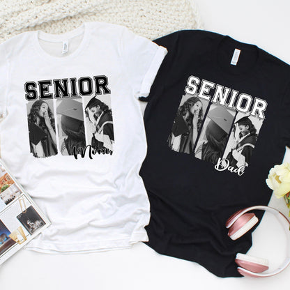 Custom senior shirt with three black and white photos collage and personalized title like Mom Dad or Grandma, Bella Canvas unisex graduation t-shirt