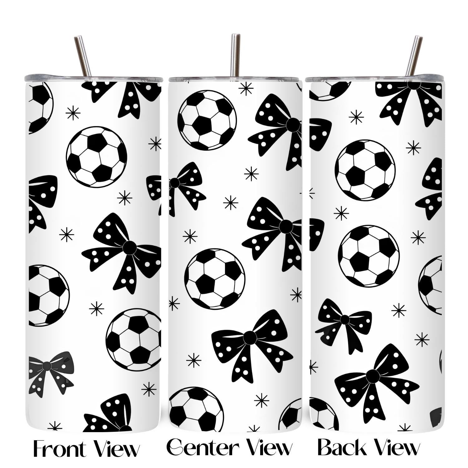 Soccer ball and bow pattern tumbler center design