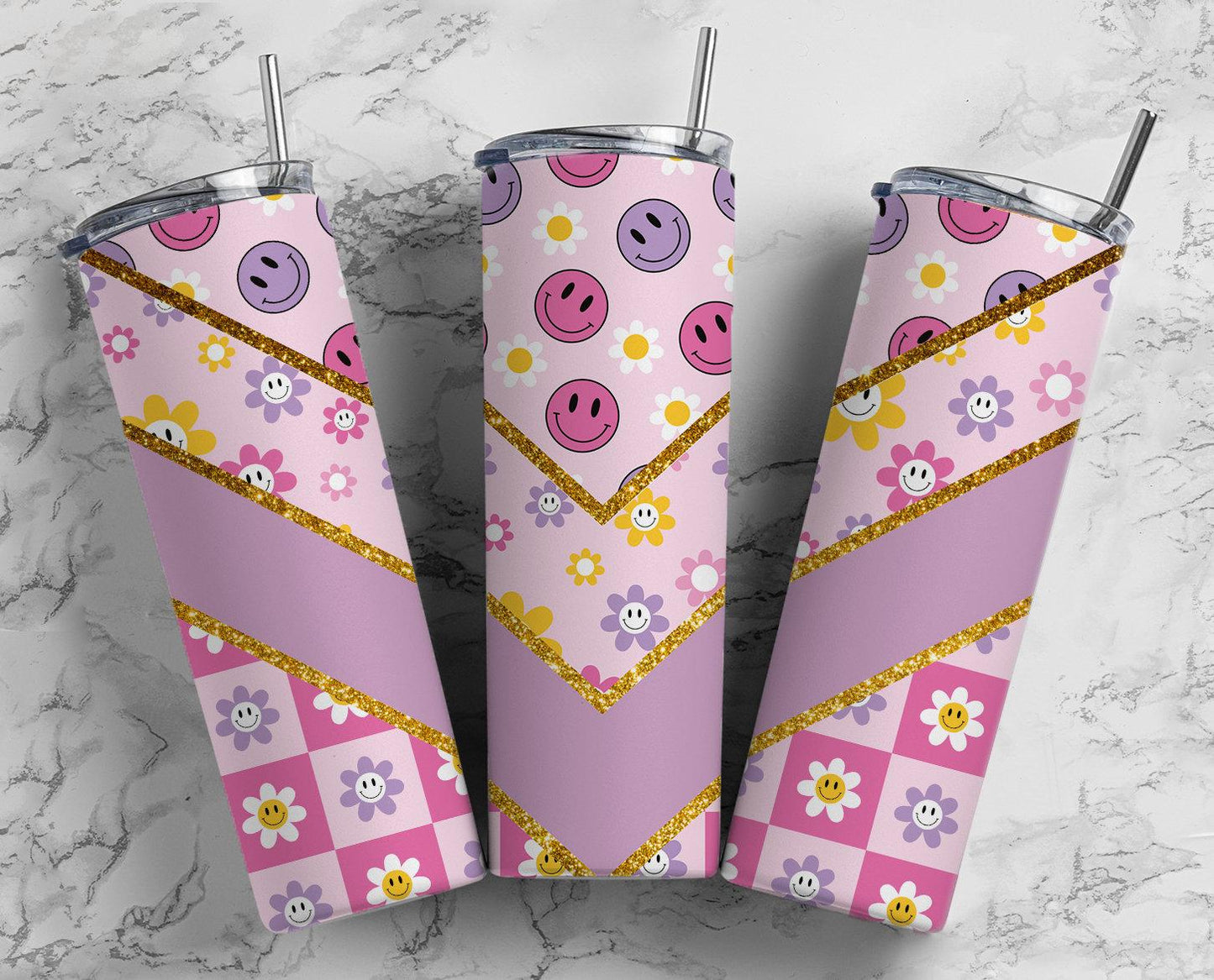 Pink smiley face tumbler with flowers aesthetic design
