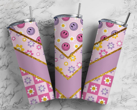 Pink smiley face tumbler with flowers aesthetic design