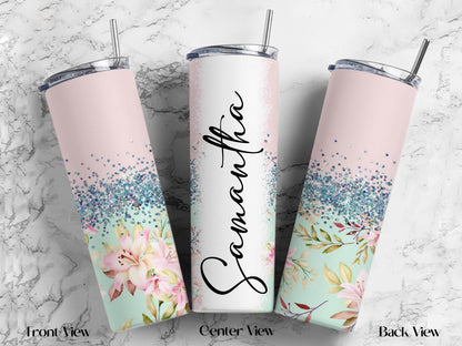 Personalized Floral Tumbler | 20oz Glitter Ombre Skinny Cup with Straw