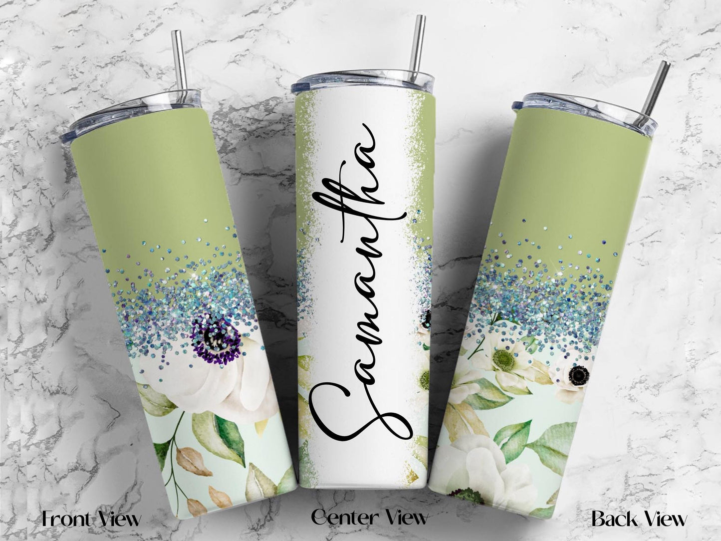 Personalized Floral Tumbler | 20oz Glitter Ombre Skinny Cup with Straw