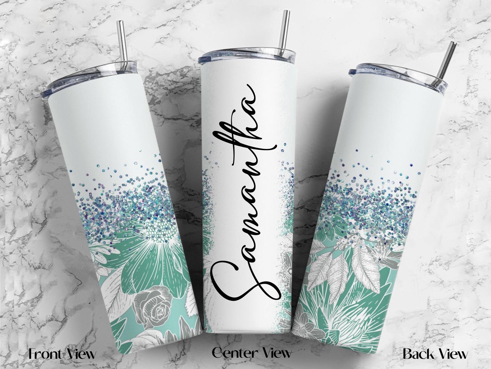 Personalized Floral Tumbler | 20oz Glitter Ombre Skinny Cup with Straw