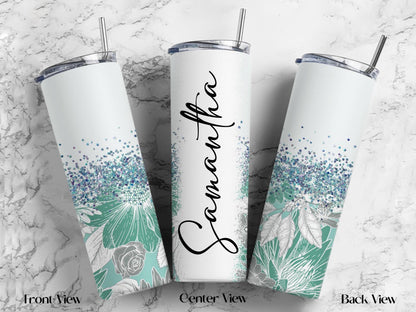 Personalized Floral Tumbler | 20oz Glitter Ombre Skinny Cup with Straw