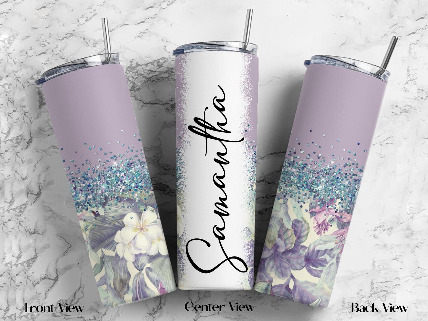 Personalized Floral Tumbler | 20oz Glitter Ombre Skinny Cup with Straw