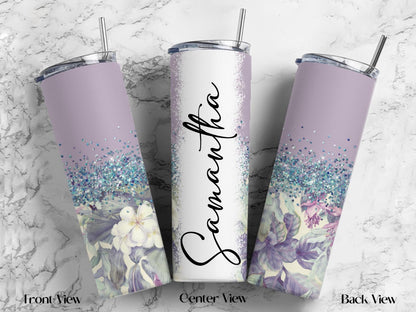 Personalized Floral Tumbler | 20oz Glitter Ombre Skinny Cup with Straw
