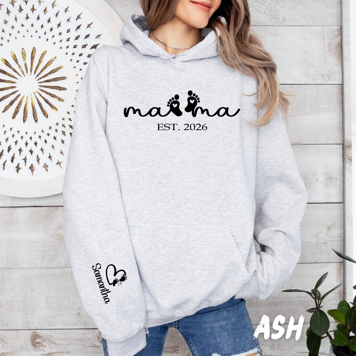 Custom Mama Sweatshirt with Baby Feet & Name on Sleeve, Est Year Personalized, New Mom Gift, Mother’s Day Gift, Pregnancy Announcement Tee