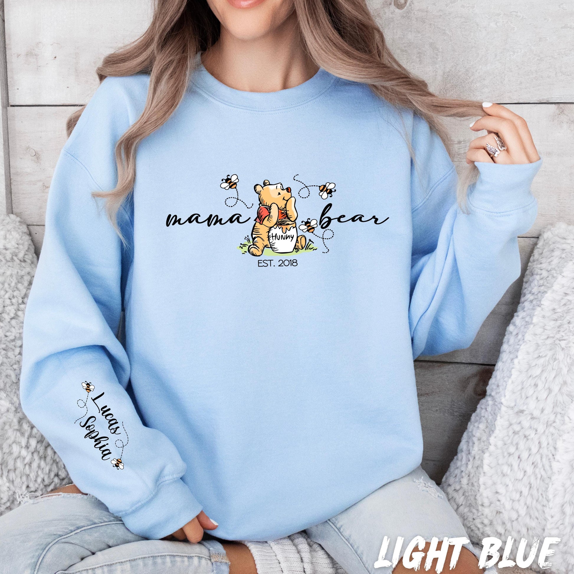 Personalized Mama Bear Sweatshirt with Custom Names on Sleeve - Winnie the Pooh Sweatshirt - Unisex Cotton Blend Sweater