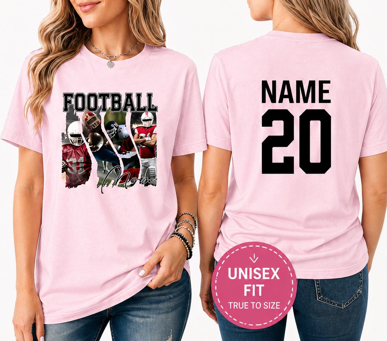 Custom Football Photo Shirt, Personalized Sports Shirt with 4 Photos, Custom Name & Number Shirt, Unisex Football Tee, Sports Mom Gift