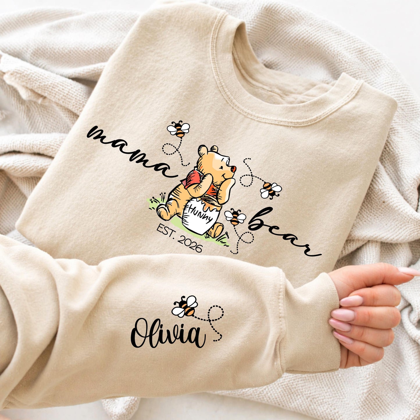Personalized Mama Bear Sweatshirt with Custom Names on Sleeve - Winnie the Pooh Sweatshirt - Unisex Cotton Blend Sweater