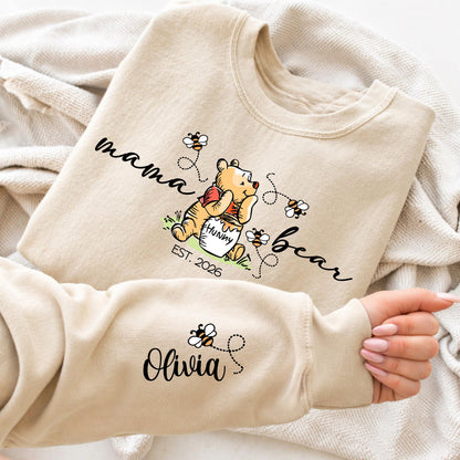 Personalized Mama Bear Sweatshirt with Custom Names on Sleeve - Winnie the Pooh Sweatshirt - Unisex Cotton Blend Sweater