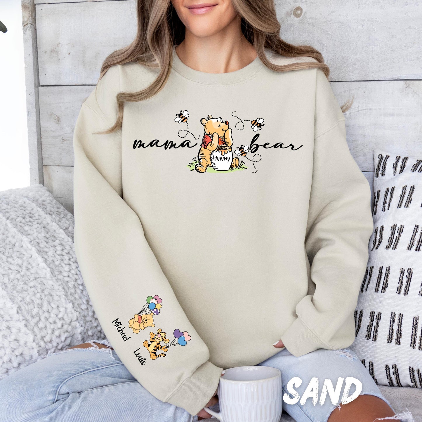Custom Mama Bear Sweatshirt – Winnie the Pooh Mom Crewneck, Custom Sleeve Names Hoodie