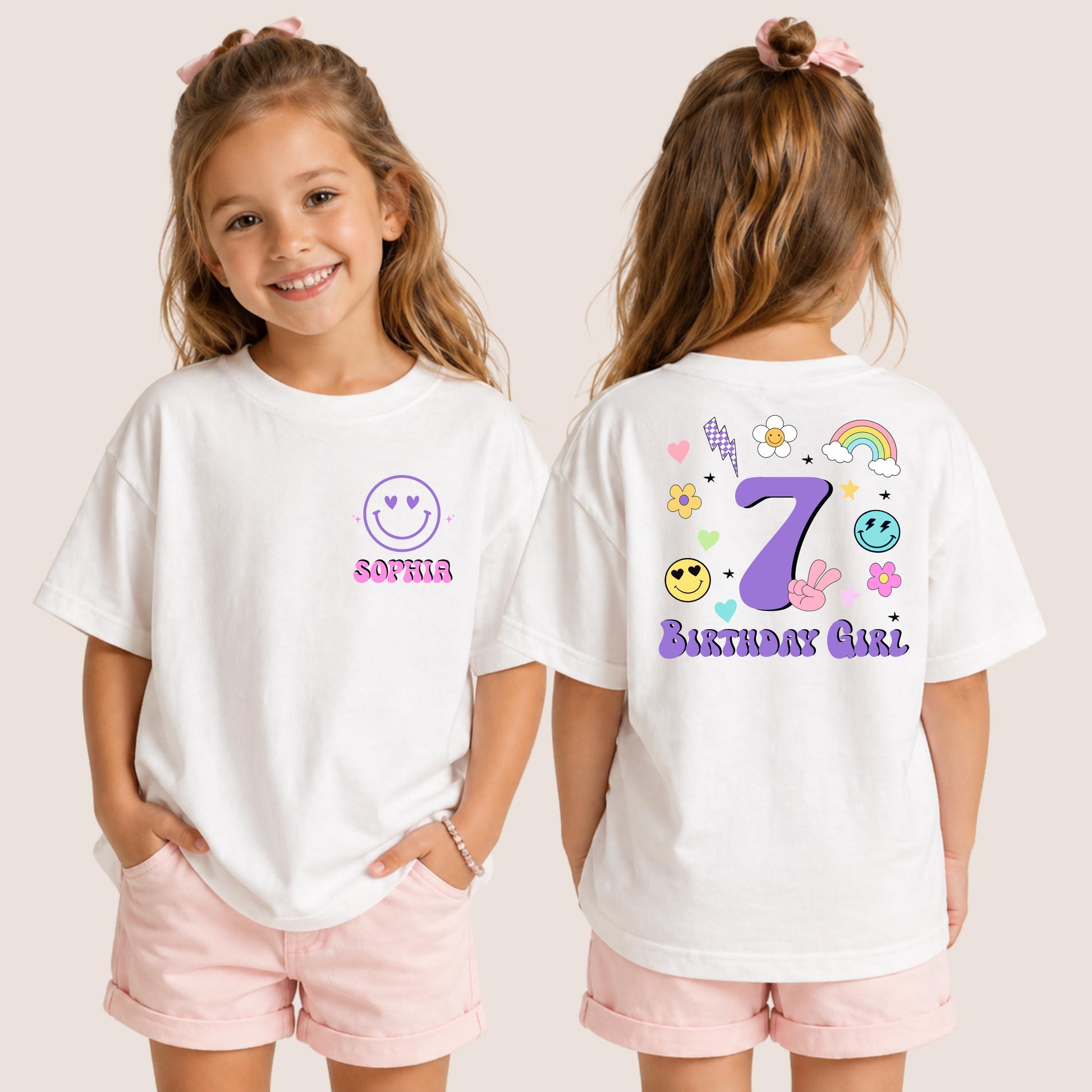 Custom birthday girl shirt with name on front and age on back, colorful smiley and rainbow design, personalized kids t-shirt for birthday party