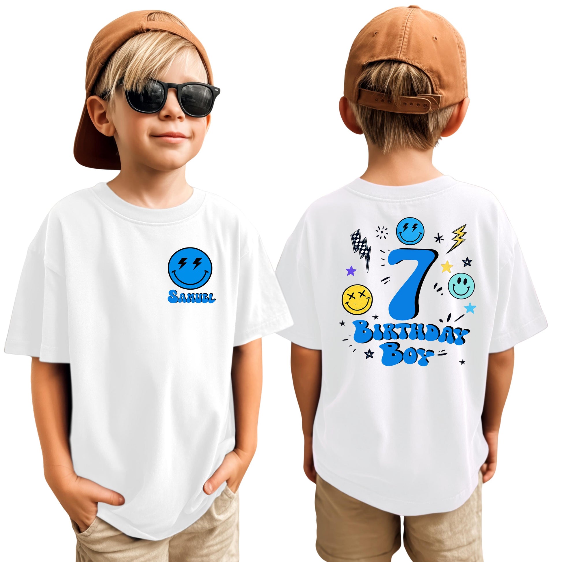 Custom birthday boy shirt with name on front and age on back, blue smiley face design, personalized kids and unisex t-shirt for birthday party
