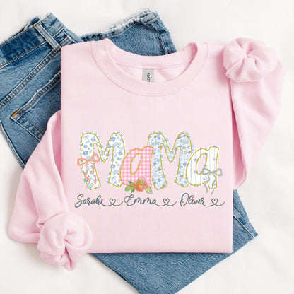 Pink mama sweatshirt with floral and gingham patchwork letters, personalized with children names in cursive underneath, coquette style mom crewneck
