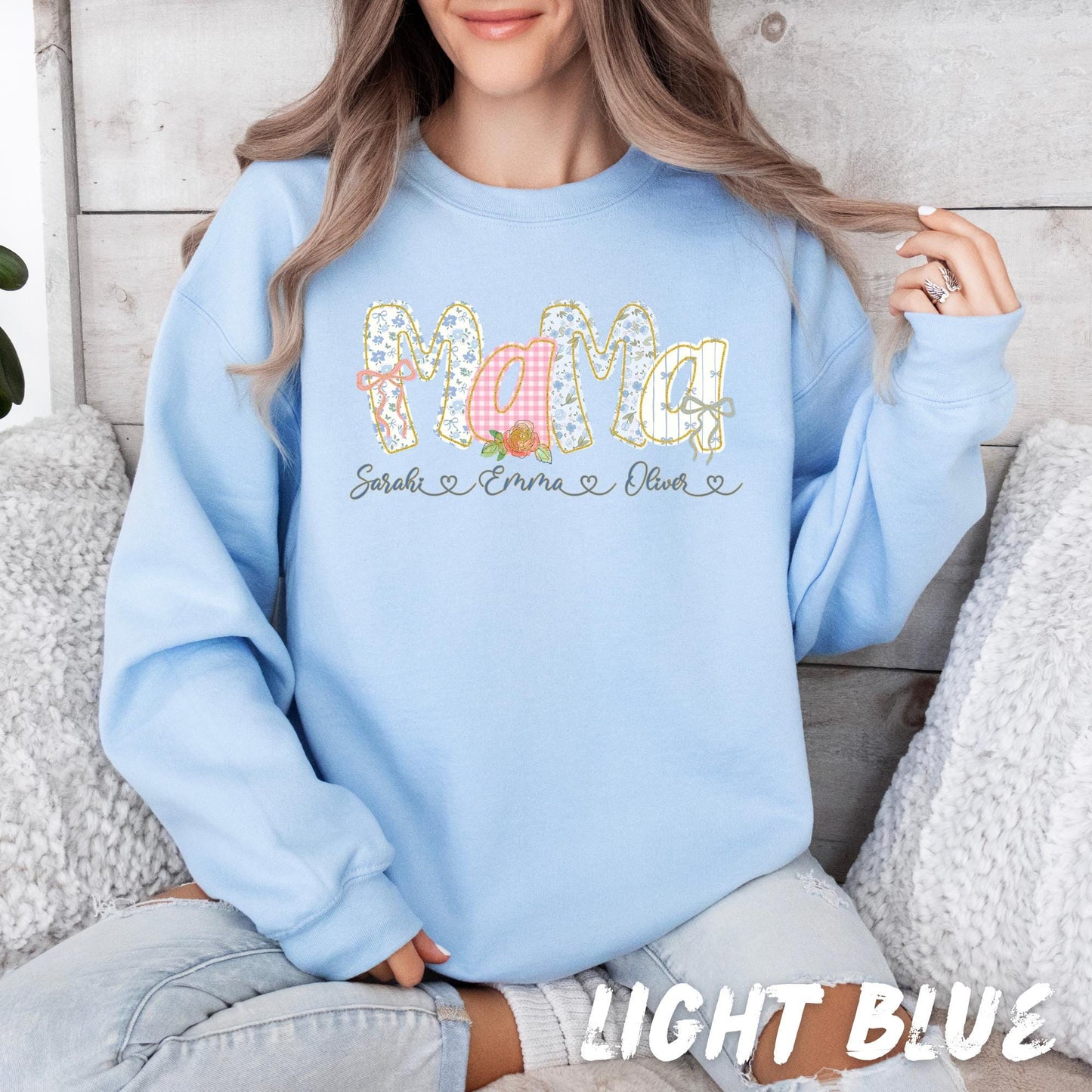 Coquette Mama Sweatshirt Personalized, Floral Patchwork Mom Shirt, Custom Kids Names Sweatshirt, Mother’s Day Gift, Pink Mama Crewneck