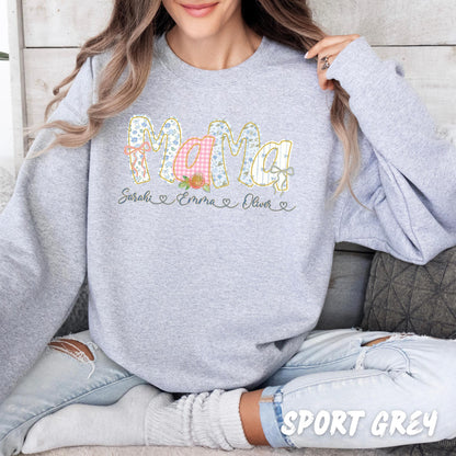 Coquette Mama Sweatshirt Personalized, Floral Patchwork Mom Shirt, Custom Kids Names Sweatshirt, Mother’s Day Gift, Pink Mama Crewneck
