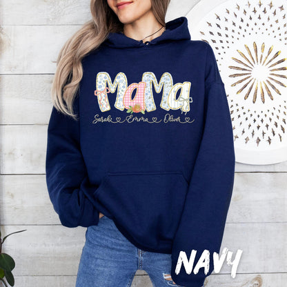 Coquette Mama Sweatshirt Personalized, Floral Patchwork Mom Shirt, Custom Kids Names Sweatshirt, Mother’s Day Gift, Pink Mama Crewneck
