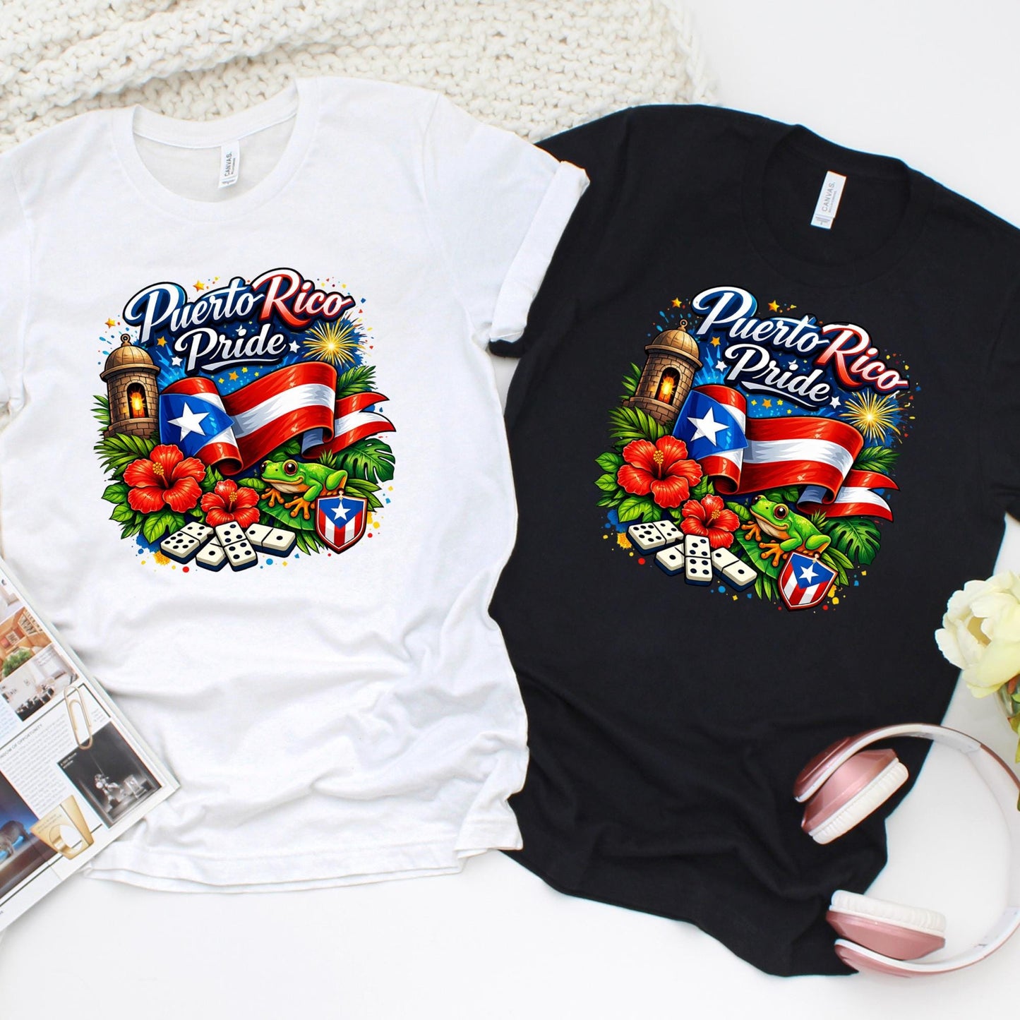 Puerto Rico Pride shirt featuring Puerto Rican flag, coqui frog, hibiscus flowers, El Morro fort, dominoes, and fireworks design on white and black t-shirts.