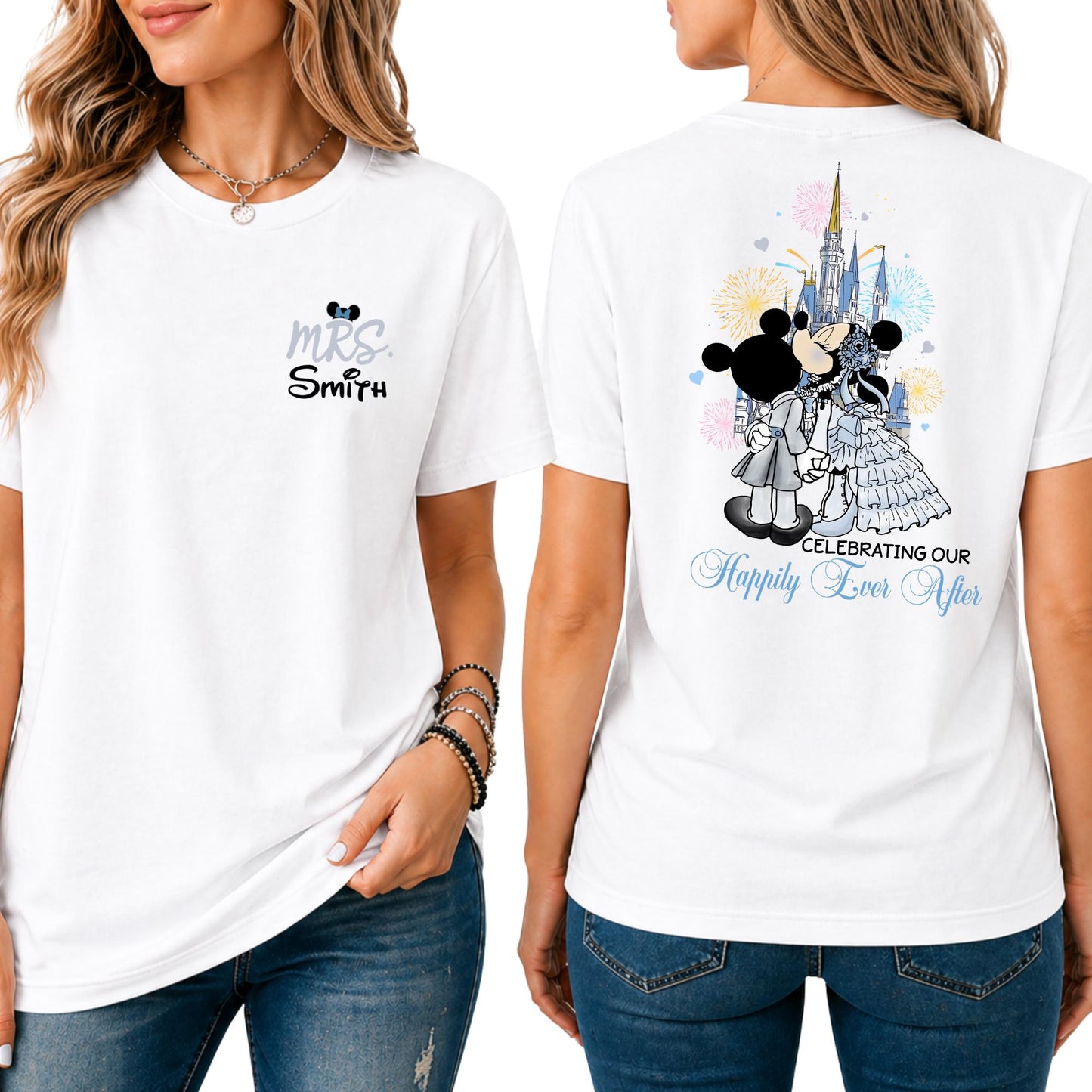 Personalized Mouse and Friends Bride Shirt, Couple Matching T-Shirt, Wedding Anniversary Gift, Happily Ever Sweatshirt