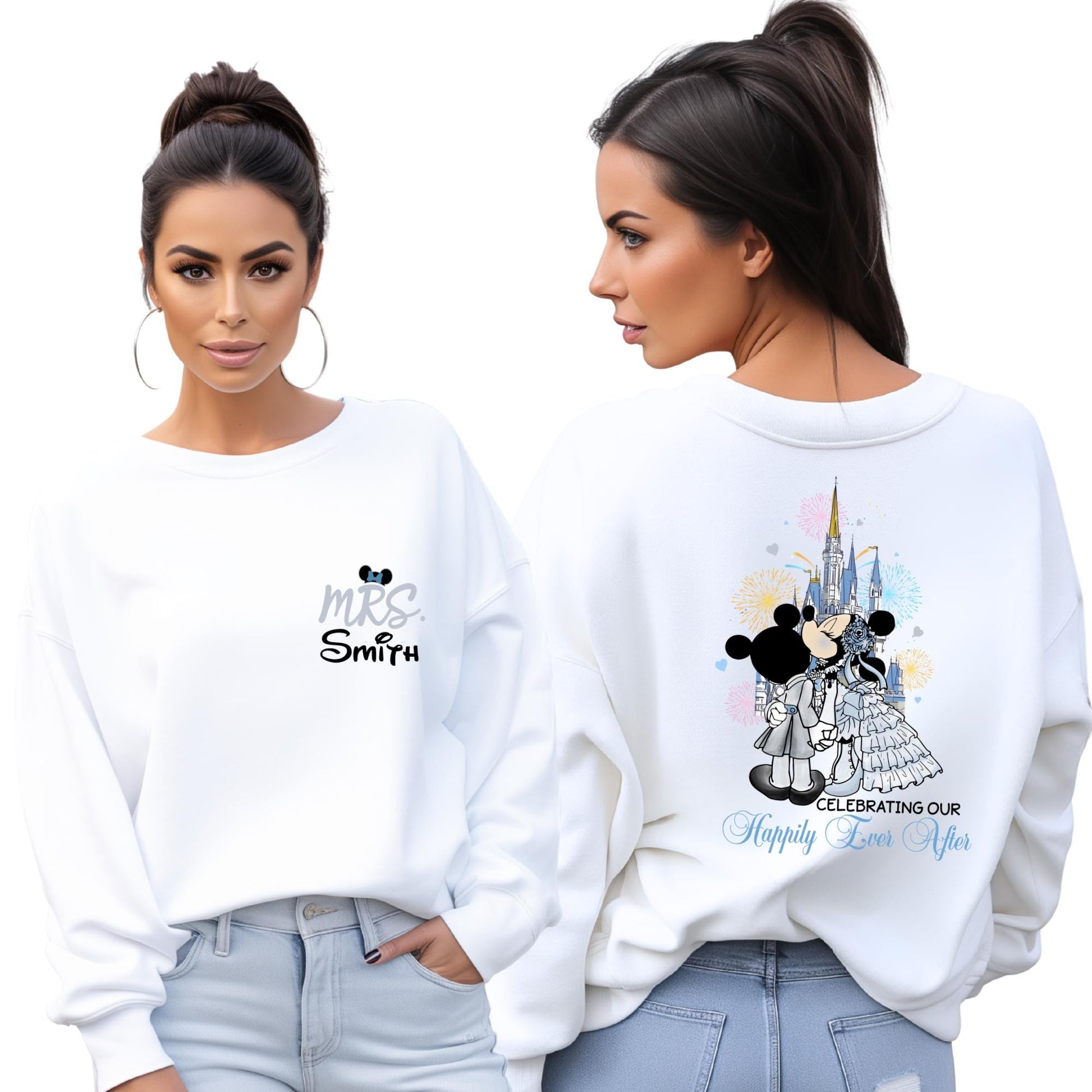 Personalized Mouse and Friends Bride Sweatshirt, Couple Matching Sweater, Wedding Anniversary Gift, Happily Ever T-Shirt